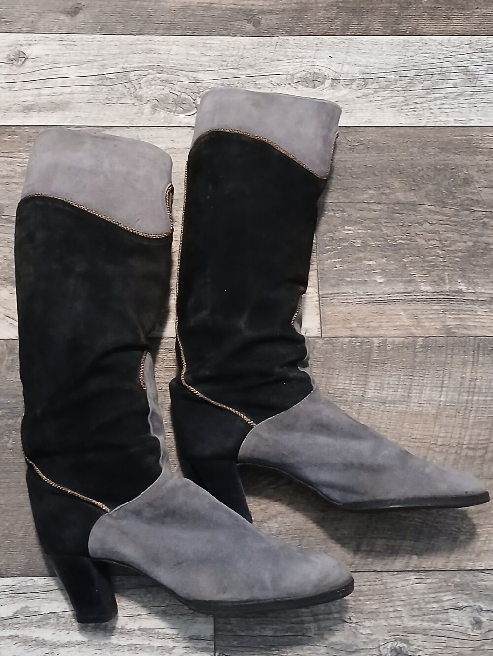 VINTAGE Yves Saint Laurent Two-Tone Gray and Black Suede Over-the-Knee Boots - Picture 3 of 8